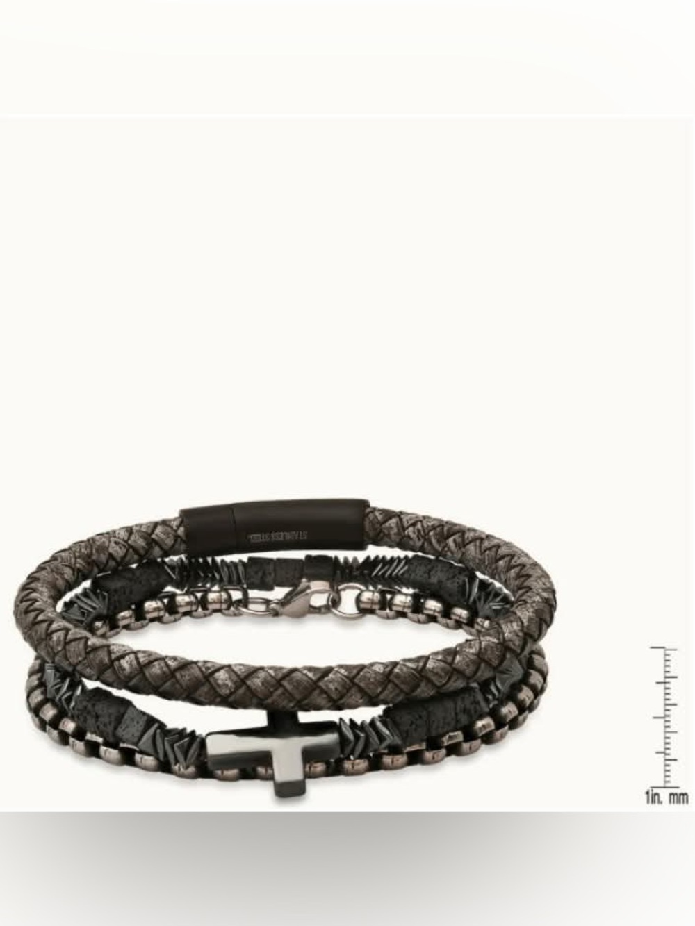 NWOT Gray Braided Leather/Black Ip Stainless Steel, Stainless Steel Round Link